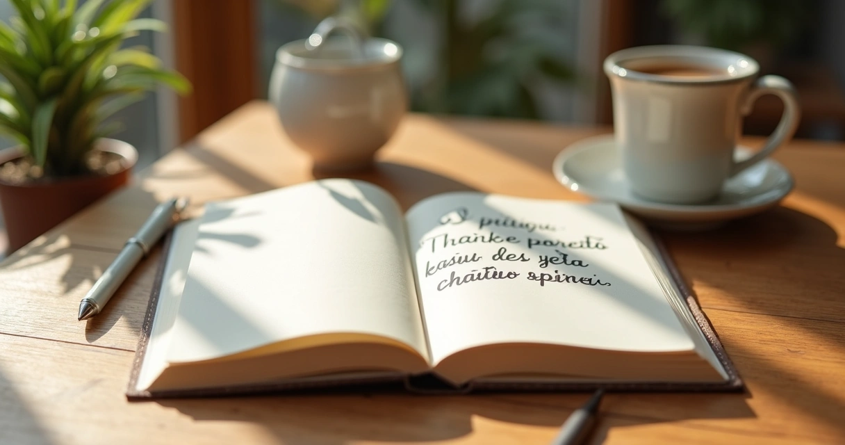 Caderno de gratidão sobre mesa com caneca e luz suave