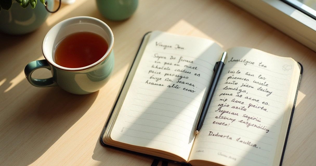 Caderno aberto com anotações de gratidão sobre uma mesa clara