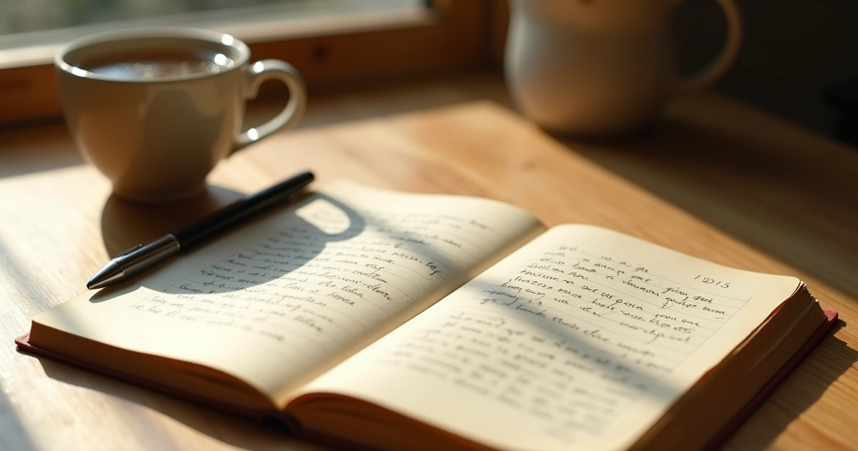 Caderno de gratidão aberto sobre mesa com caneca e luz suave