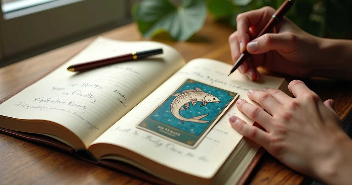 Caderno de gratidão aberto ao lado de carta de baralho cigano. 