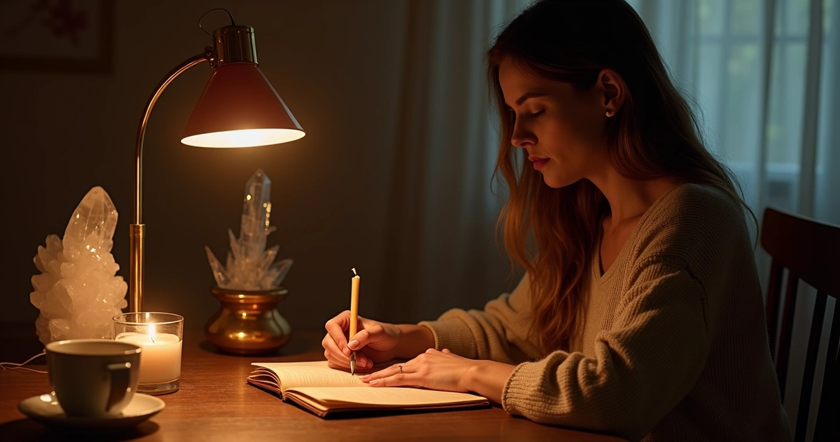 Pessoa escrevendo em caderno de gratidão à luz de vela 