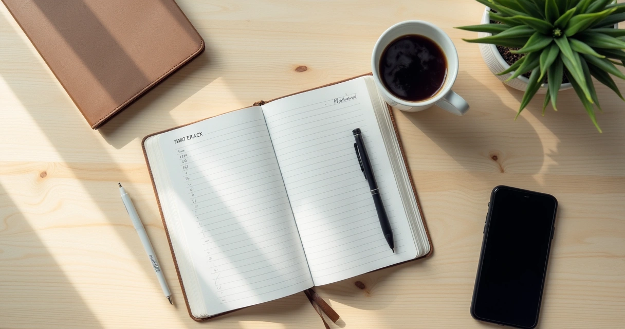 Caderno de hábitos ao lado de uma xícara de café e celular sobre mesa clara 