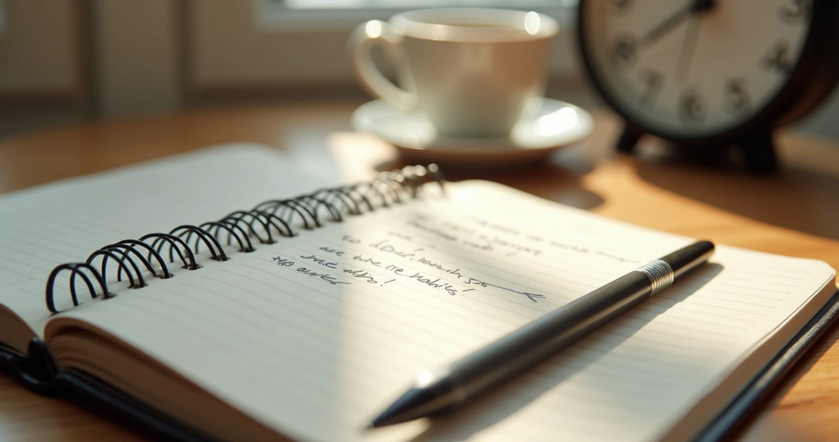 Caderno aberto, anotações de hábitos e uma xícara de café ao lado 