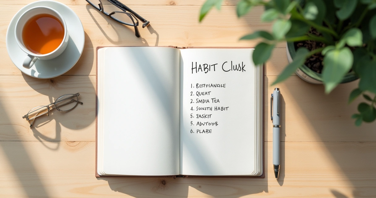 Caderno com lista de hábitos e xícara sobre mesa clara