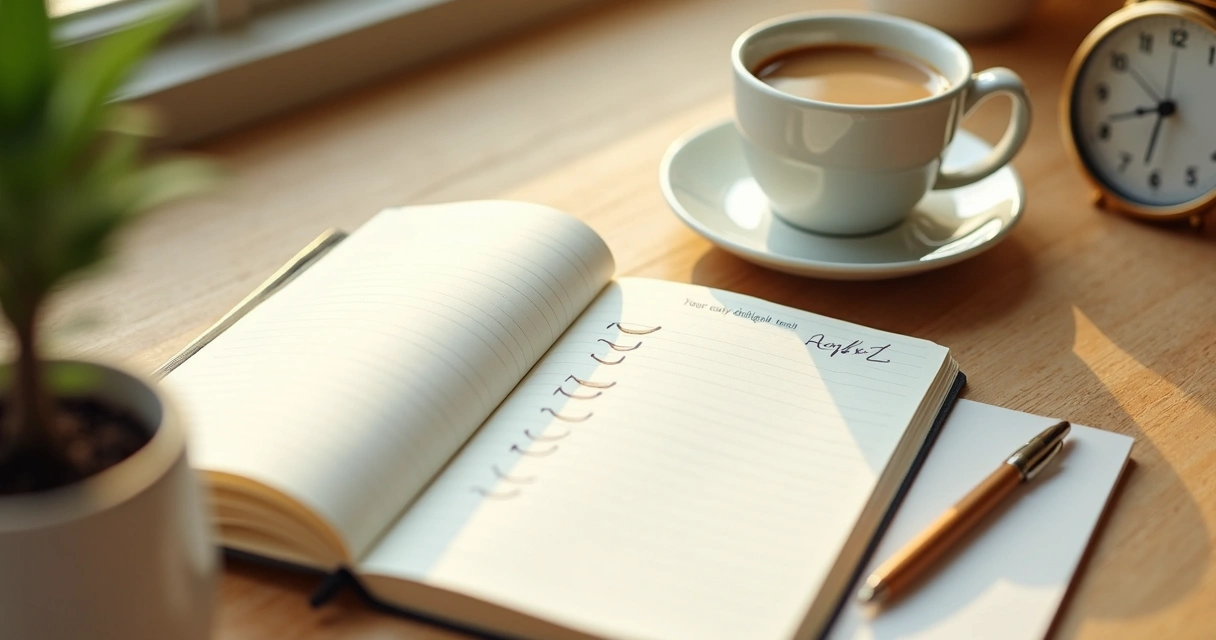 Caderno de hábitos sobre mesa com café e relógio
