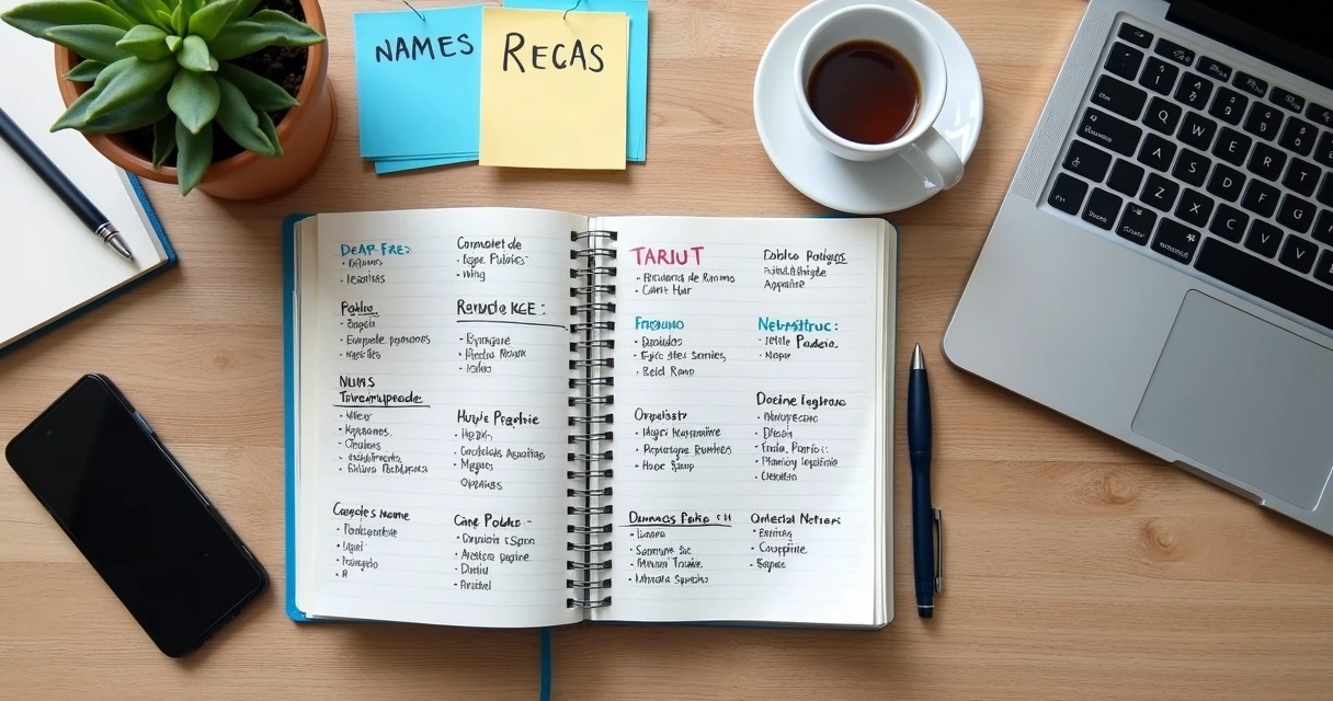 Caderno com ideias de nomes para blog ao lado de notebook e café 