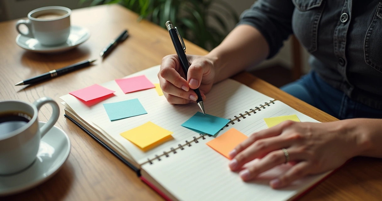 Pessoa escrevendo ideias em caderno com post-its coloridos