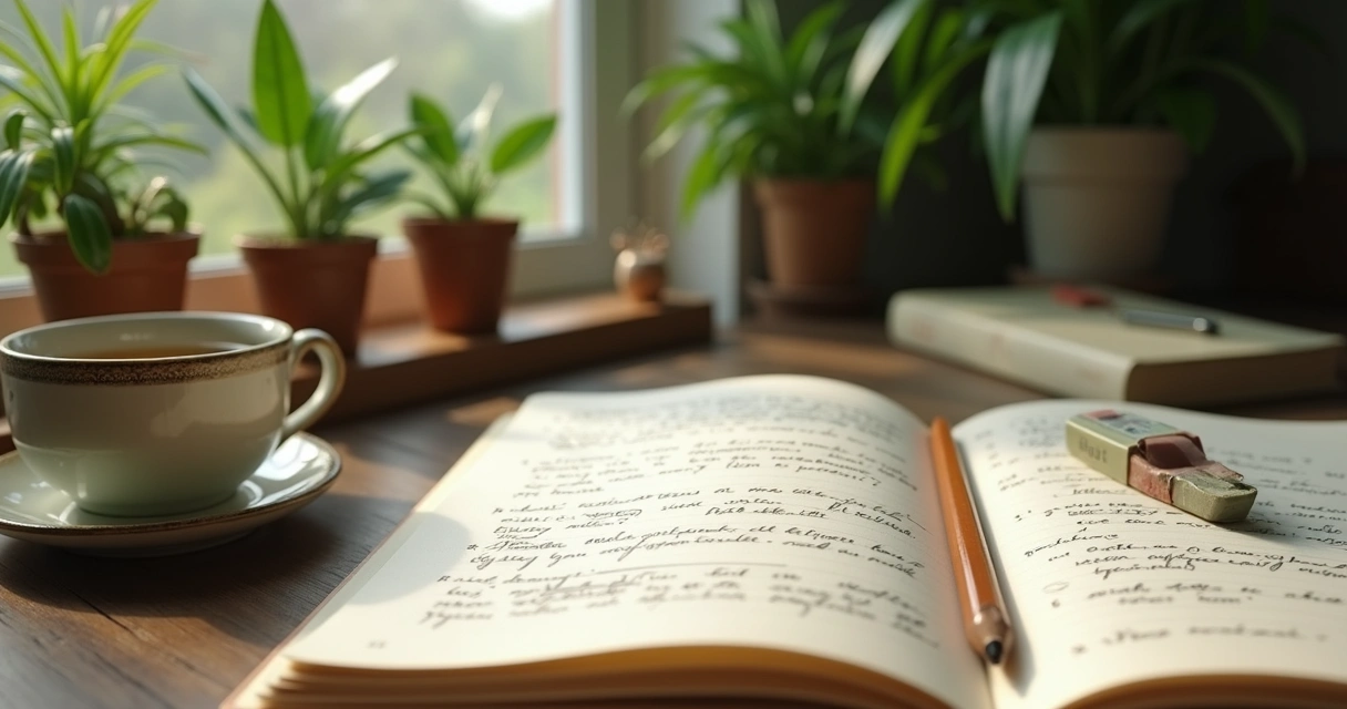 Caderno aberto com anotações em mesa perto da janela e plantas 