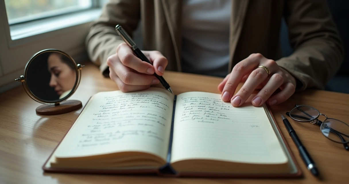 Caderno aberto, espelho e mãos em reflexão sobre identidade 
