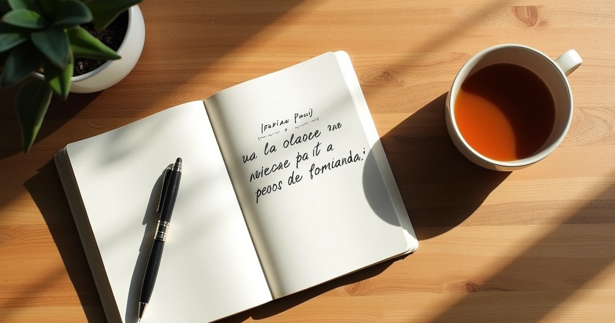 Caderno com intenção do dia ao lado de uma xícara e luz da manhã