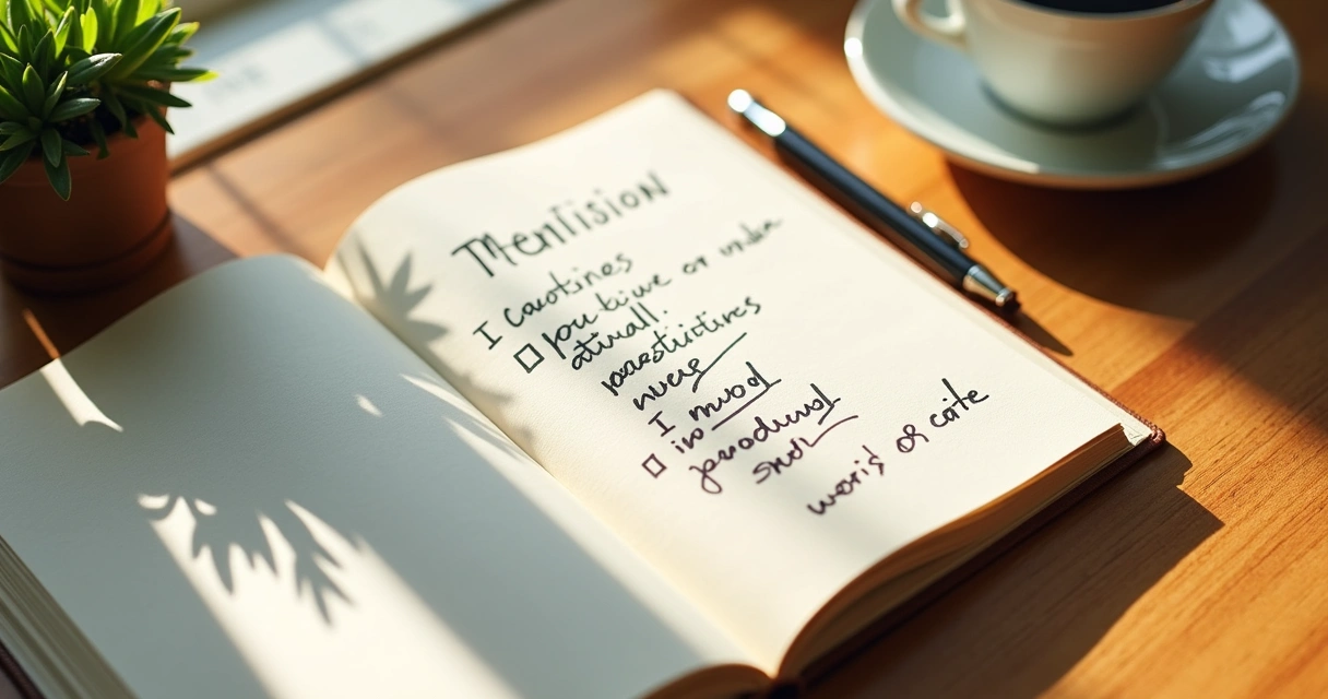 Caderno e caneta sobre mesa com anotações de intenções para o dia