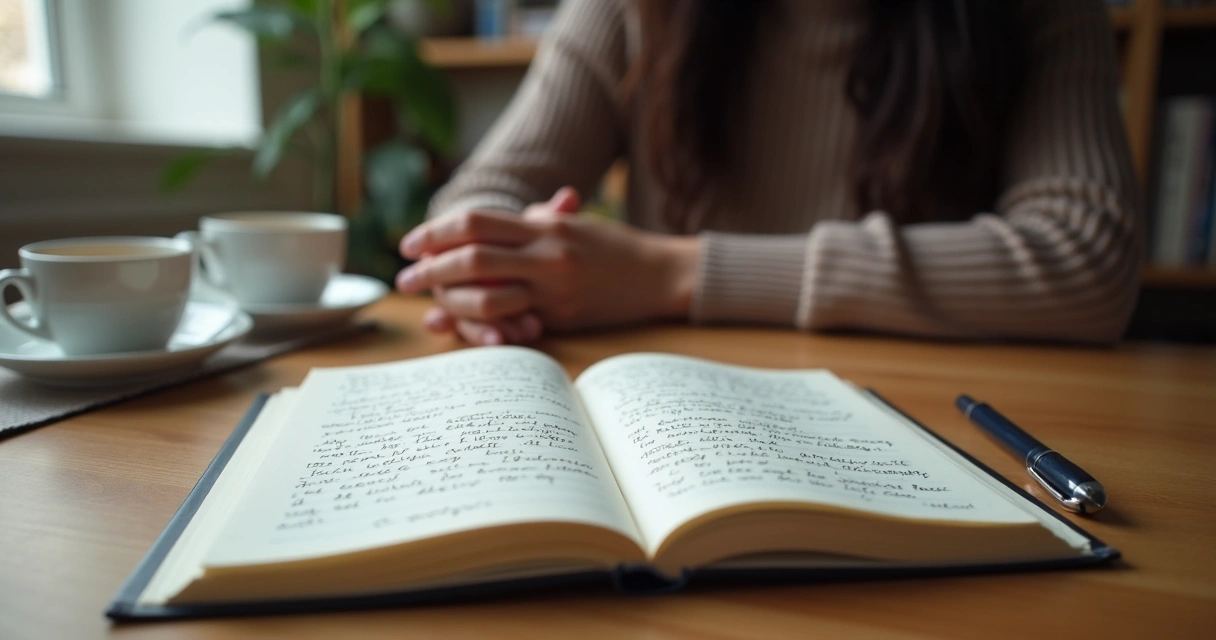 Caderno aberto com anotações e pessoa refletindo à mesa