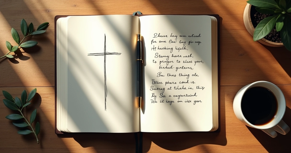 Journaling cristão com caderno aberto, caneta e cruz desenhada na folha