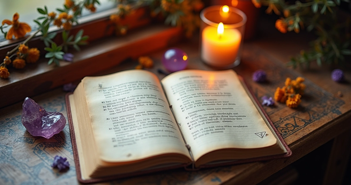 Caderno com palavras escritas ao lado de vela e cristal 