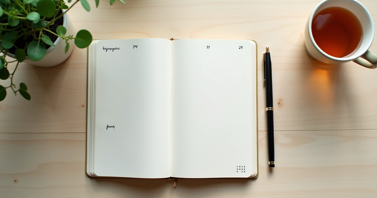 Caderno aberto com caneta sobre mesa clara