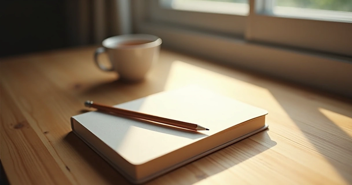 Caderno de capa simples e lápis sobre uma mesa de madeira clara 