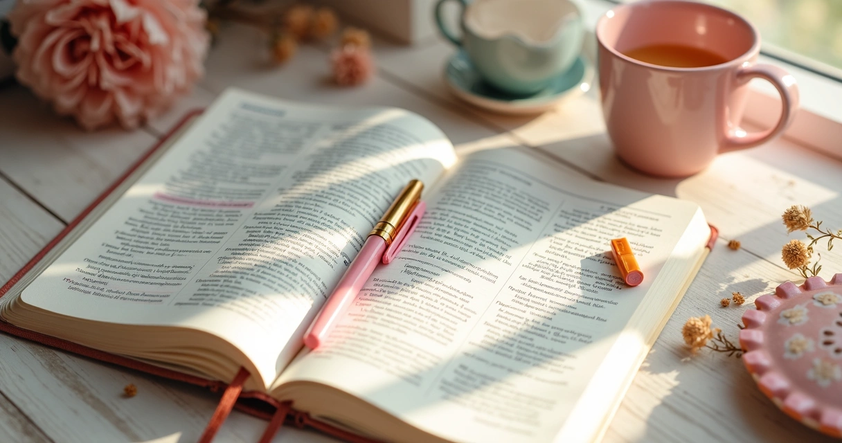 Caderno aberto com anotações coloridas, Bíblia, caneta dourada e xícara em fundo claro