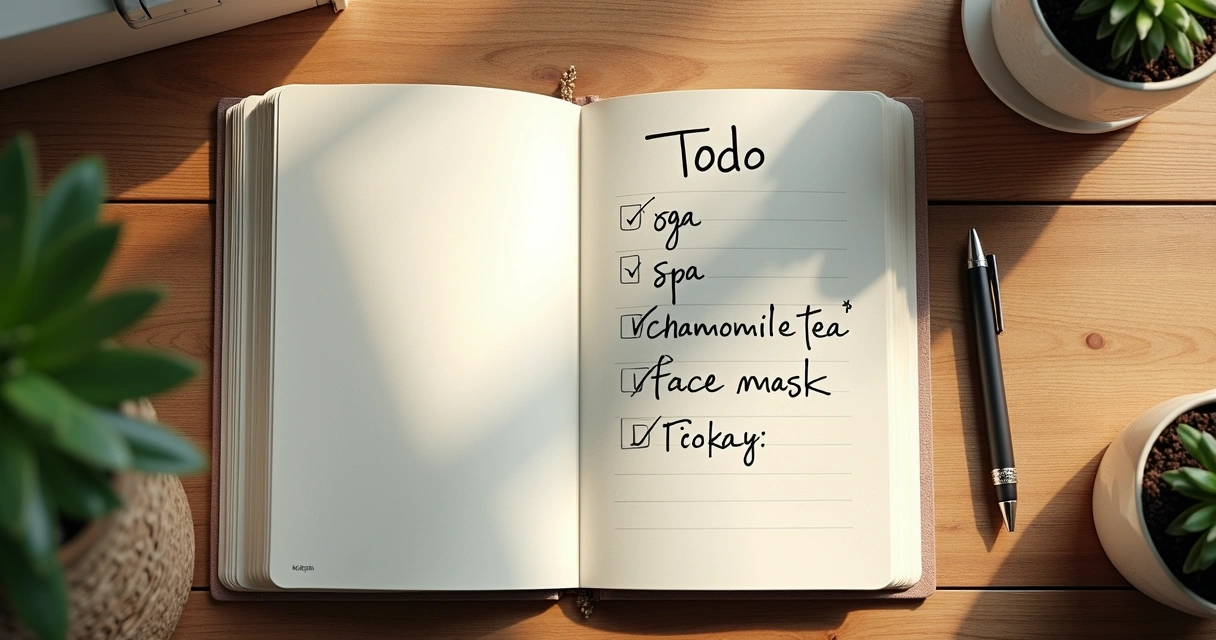Caderno aberto com lista de tarefas, itens relacionados a autocuidado destacados