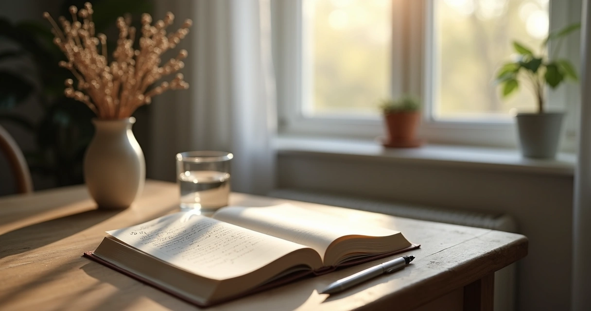 Caderno aberto perto da janela com luz suave e flores secas