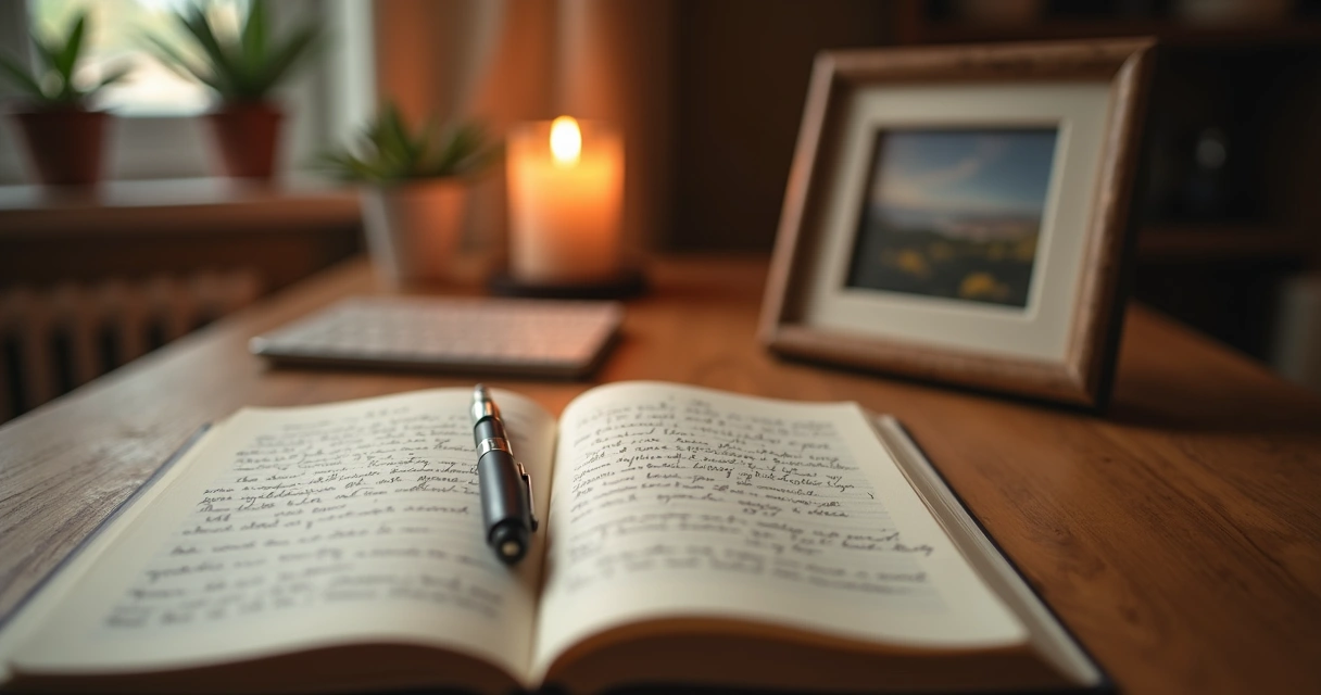 Caderno aberto com vela e fotografia ao lado