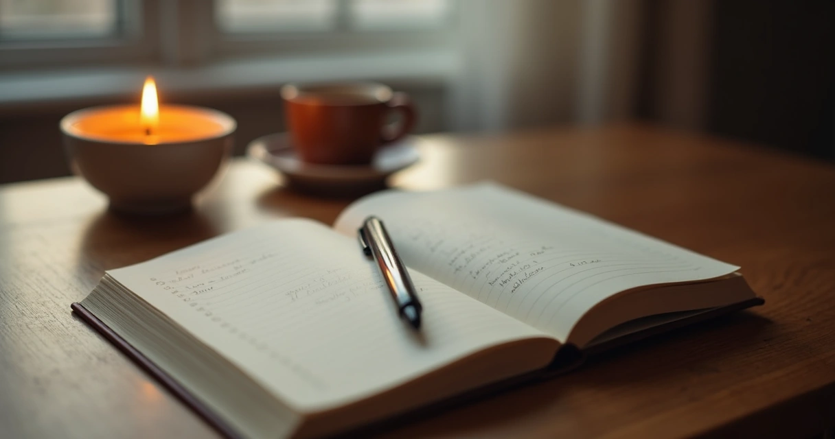 Caderno aberto com caneta e vela suave ao lado