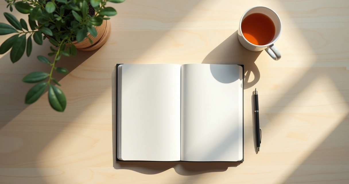Caderno aberto com anotações e xícara sobre mesa clara 