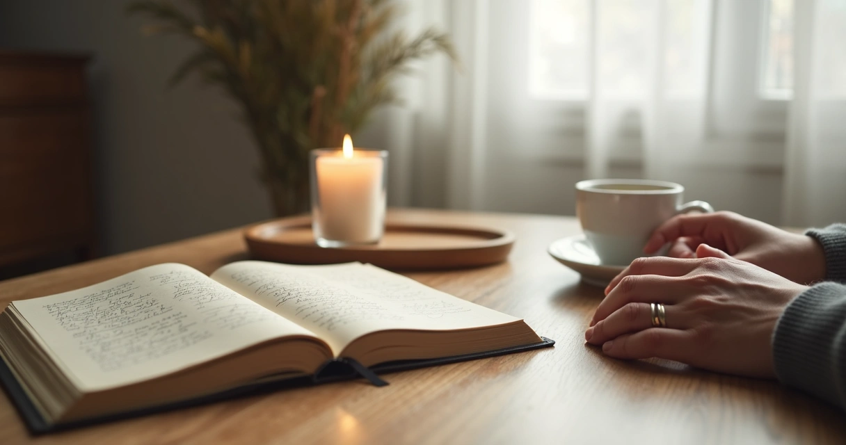 Caderno aberto com vela e mãos em momento de reflexão