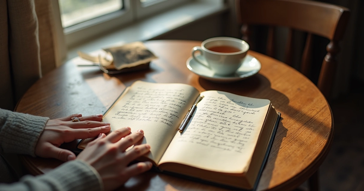 Caderno aberto com foto antiga e mãos em reflexão 