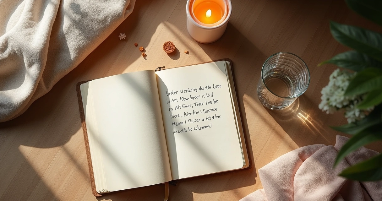 Caderno aberto com mantra escrito ao lado de vela e almofada