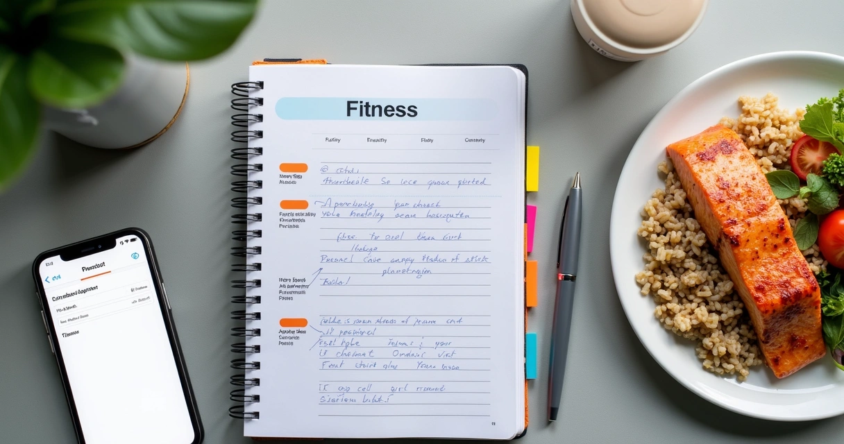 Caderno de anotações e refeição fitness em superfície clara 