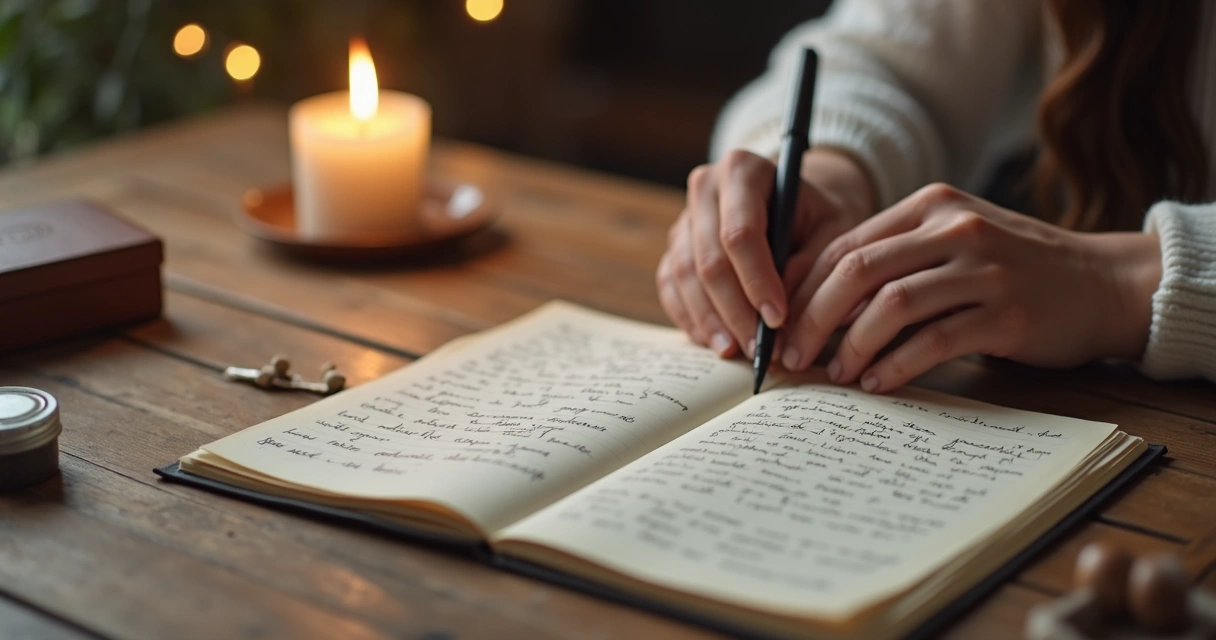 Caderno aberto com carta e objeto de memória sobre mesa