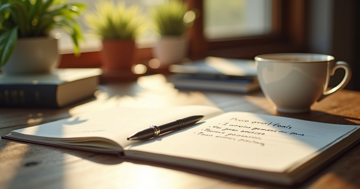 Caderno aberto com metas pessoais anotadas à mão 