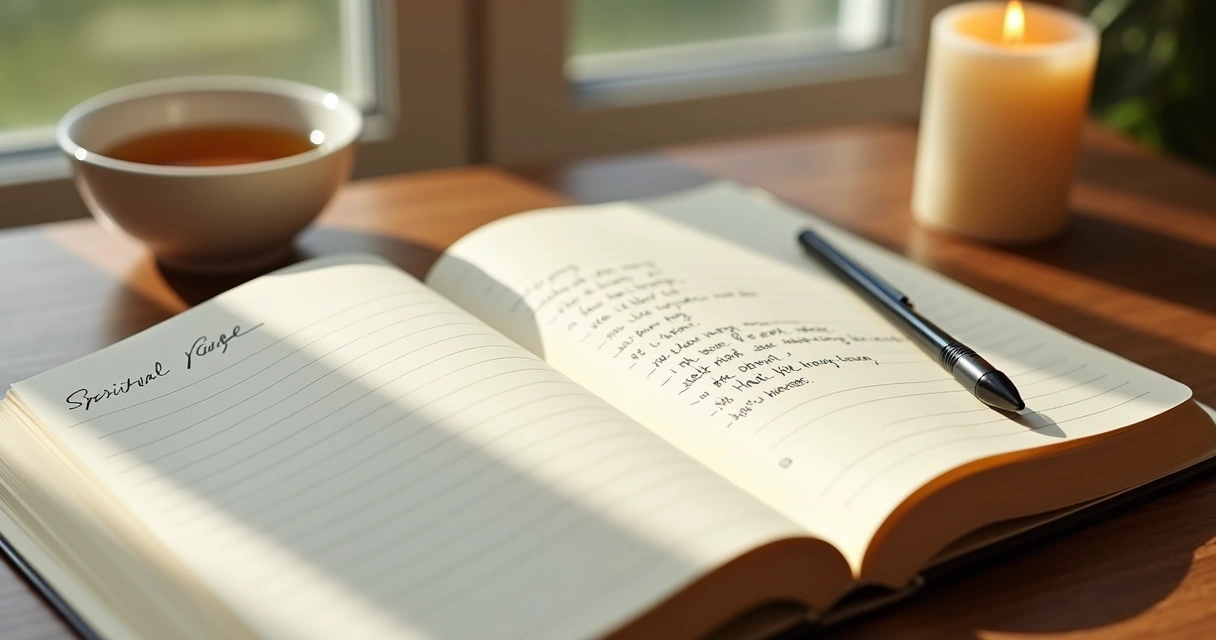 Caderno aberto com metas escritas e vela ao lado 