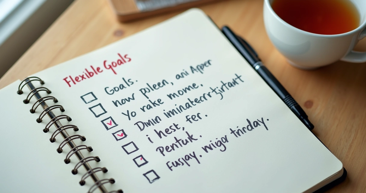 Caderno aberto com metas escritas de forma clara e flexível 