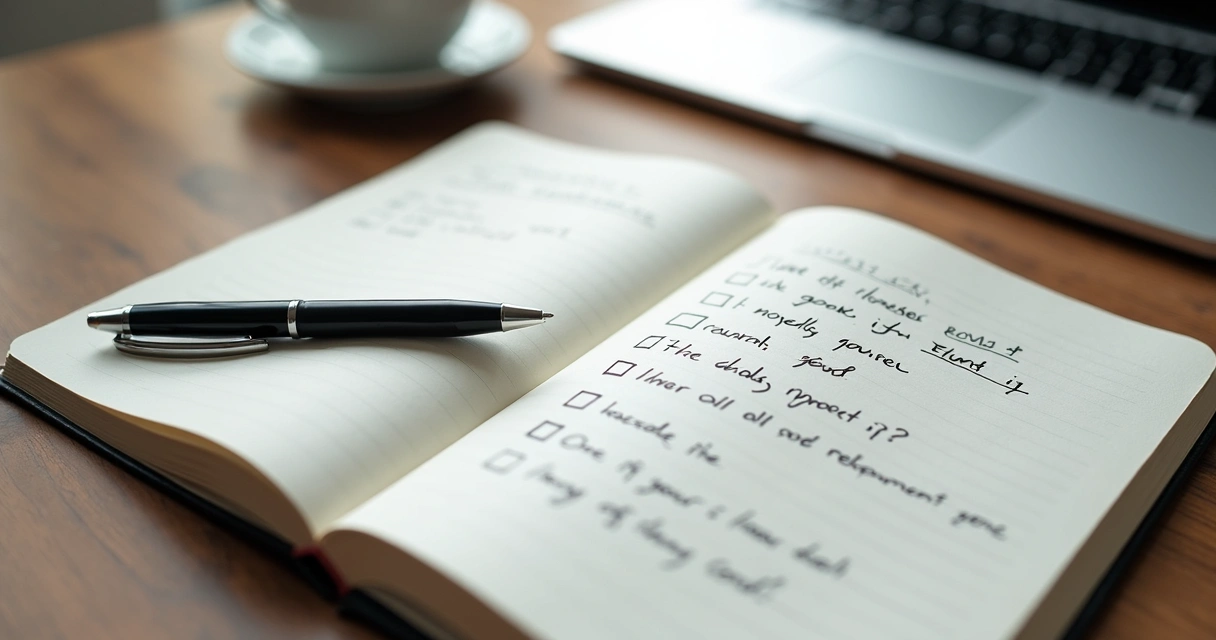 Caderno com metas profissionais e anotações em mesa de trabalho 