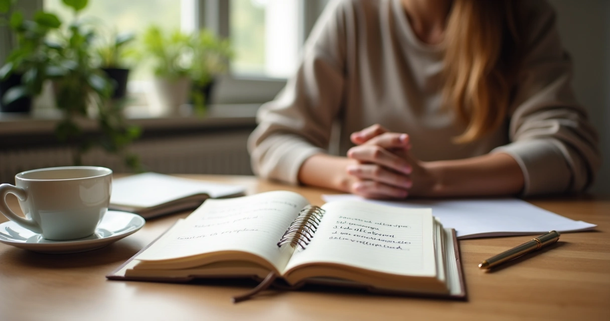 Caderno com metas e pessoa em reflexão