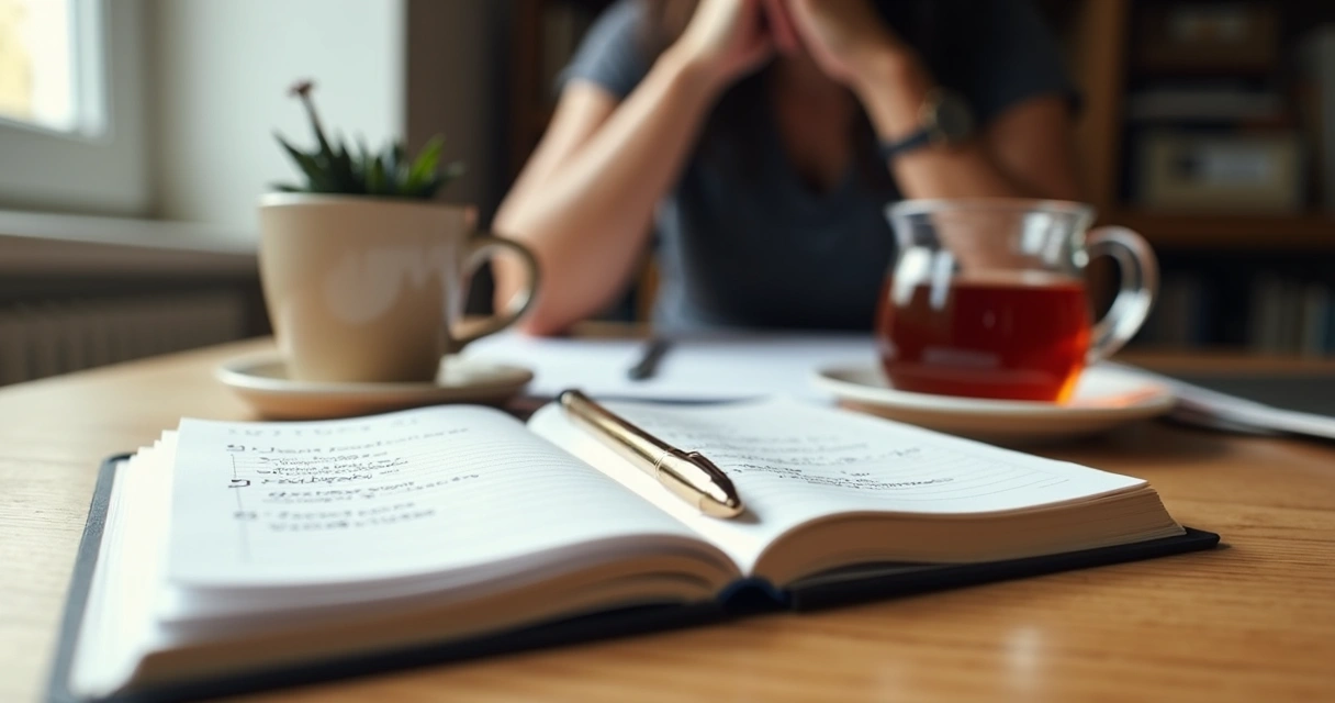 Caderno com metas e pessoa refletindo à mesa 