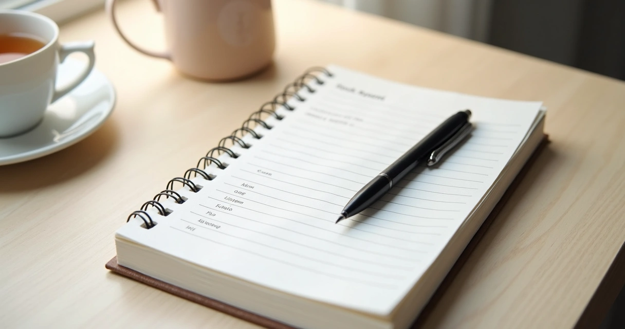 Caderno aberto com metas escritas e caneta sobre mesa clara