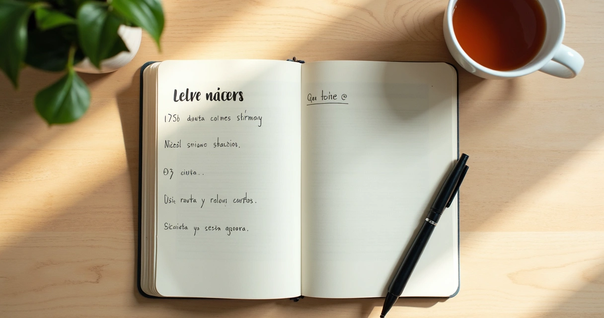 Caderno com metas, caneta e xícara sobre mesa clara 