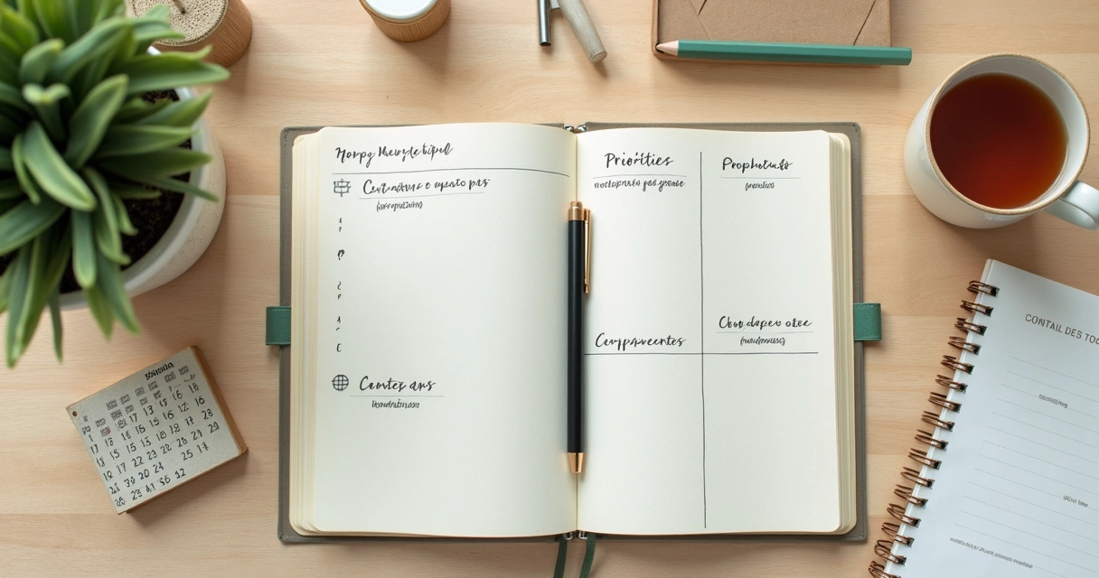Caderno aberto com metas, valores e calendário sobre mesa clara