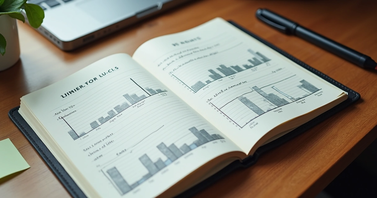 Caderno com métricas e gráficos desenhados 