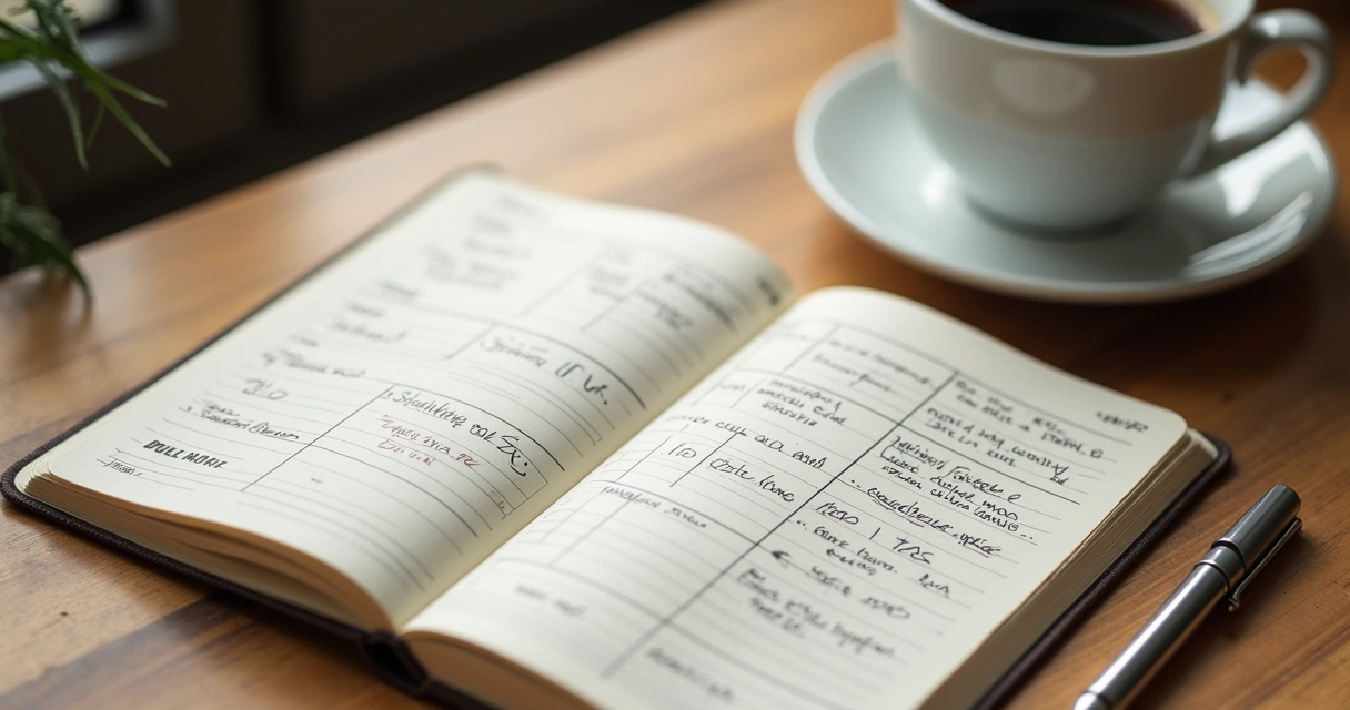 Caderno aberto com anotações de hábitos e métricas diárias