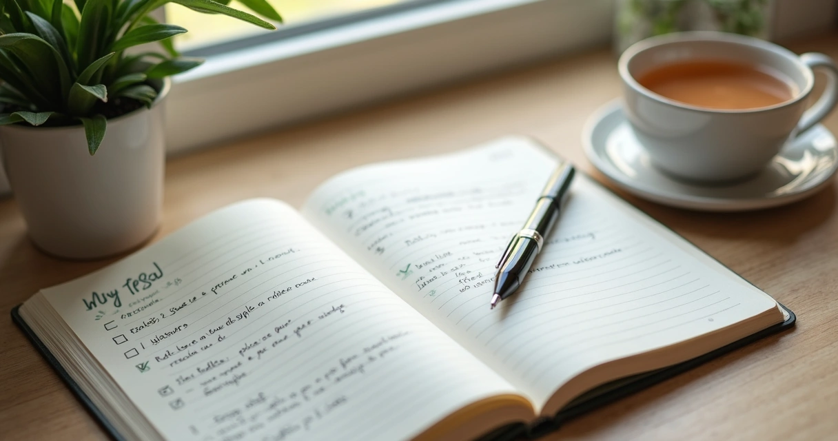 Caderno aberto com plano de metas e xícara sobre mesa clara 