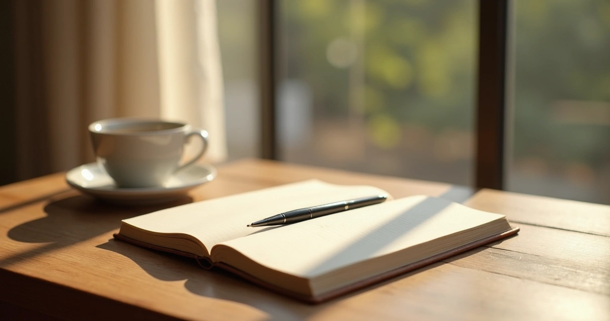 Caderno aberto perto de uma janela com luz suave 