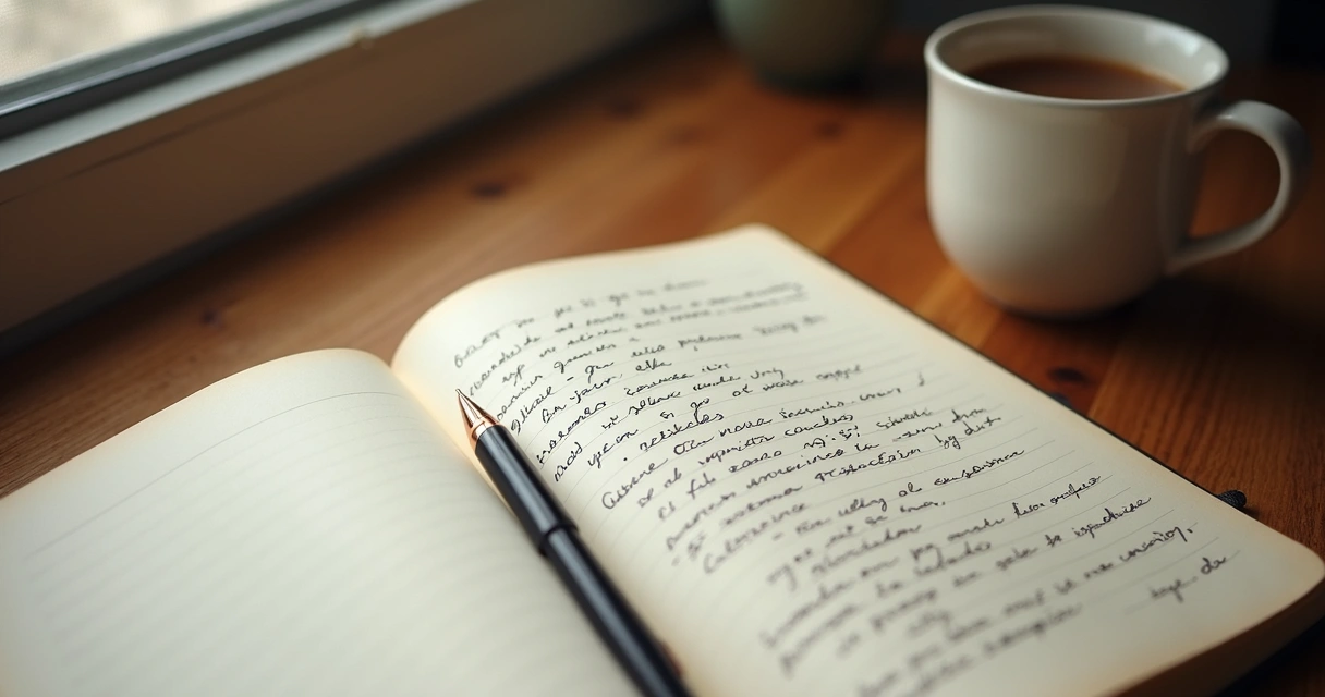 Caderno aberto com anotações e caneca ao lado