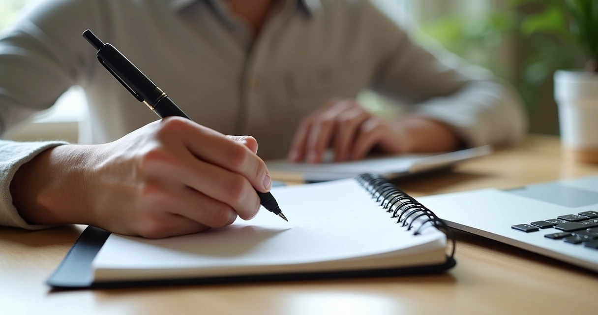 Pessoa fazendo anotação em caderno de capa escura, mãos visíveis, mesa de madeira clara, caneta preta, ambiente iluminado e minimalista