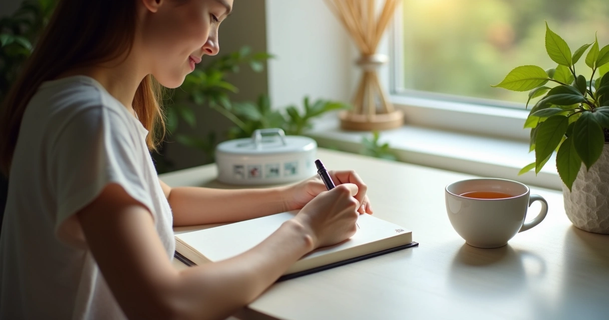 Pessoa escrevendo pensamentos em caderno em ambiente tranquilo 