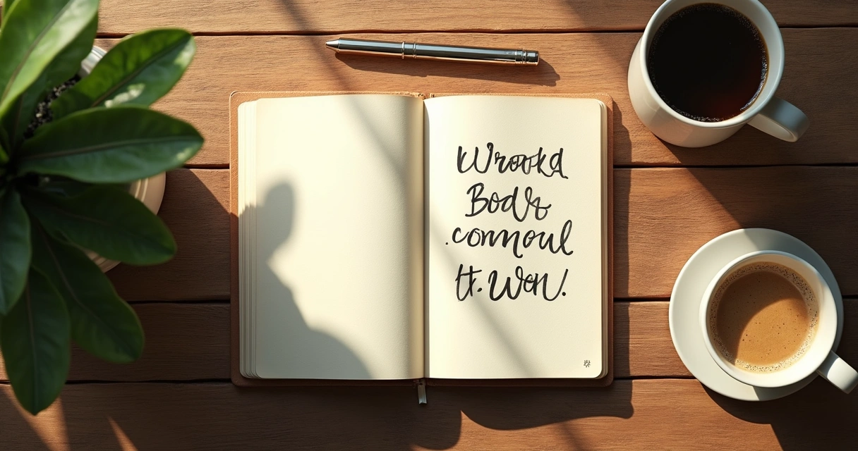 Caderno de anotações com metas escritas à mão e café ao lado 