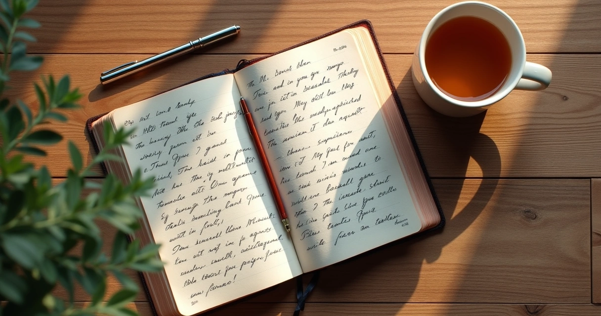 Caderno aberto, caneta e Bíblia juntos em mesa de madeira clara 