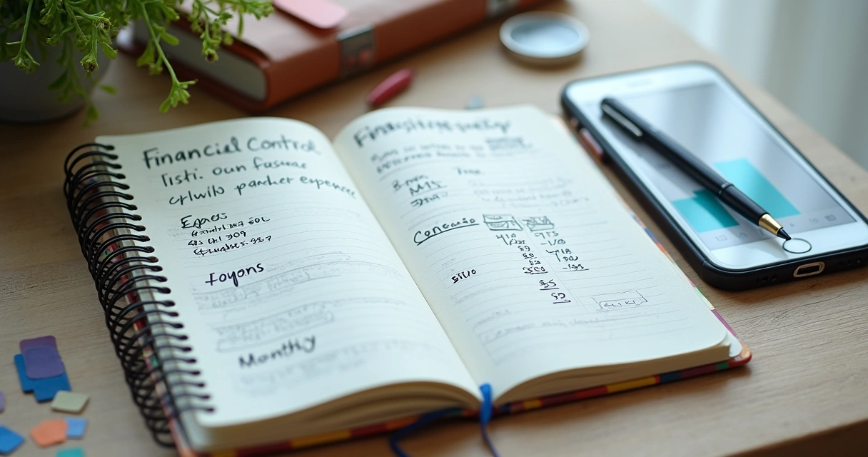 Caderno aberto com anotações de controle financeiro ao lado de prontuário e caneta. 